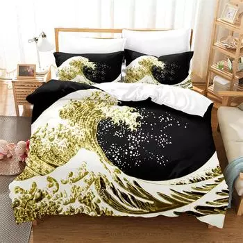 Golden Wave Bedding Set Duvet Cover Set 3d Bedding Digital Printing Bed Linen Queen Size Bedding Set Fashion Design EU single(135x200cm)