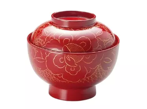 Golden Zoni Vermilion Made in Japan J-kitchens Bowl, Peony, Bowl, (1 customer), 13cm, Lacquered, Hand-painted,