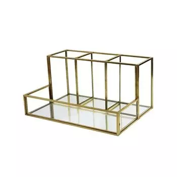 GoldFrameGlassCosmeticBox Штабелируемый держатель для кистей для макияжа Поднос для ювелирных изделий Зеркальный поднос Дисплей для подводки для глаз для спальни