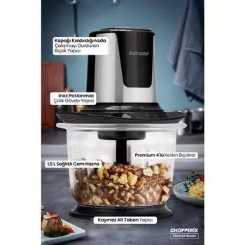 Goldmaster Chopperix Inox Измельчитель-рондо из нержавеющей стали объемом 1,5 литра с большой стеклянной чашей и 4 лезвиями
