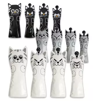 Golf head cover 1 driver cover Wood 2 FW covers 1 utility UT cover set with conversion tag Cat Cat White Black Gray / 4-piece (Gray)