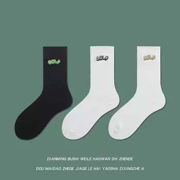Golf Letter Embroidered Cotton Socks Black And White Wind Street Men And Women Couples Medium Stockings Sports Socks Tide One Size