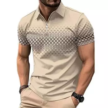 Golf Shirt Fashion 3D T-shirt Zipper POLO Shirt Casual Short Sleeve Summer Street Clothing Men s Clothing European Measurement S бежевый