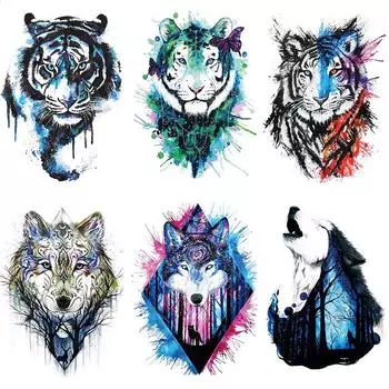 Голова тигра, голова волка, элемент татуировки, акварель, 3D, переносимый на воду, большой набор рисунков, водонепроницаемая наклейка для татуировки 148*210MM