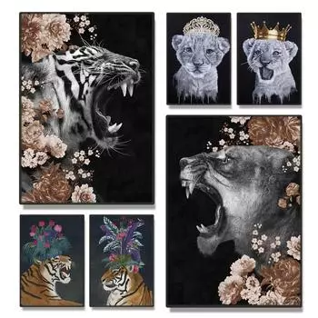 Голова тигра с цветами, картины, печать на холсте, настенное искусство, современные забавные постеры с портретами животных, домашний декор для гостиной, фотографии 21x30cm No Framed белый