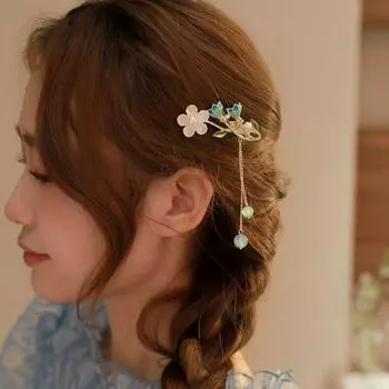 Головной убор Hanfu с жемчугом, аксессуары для волос с цветочным принтом, длинная заколка с кисточкой, заколка для волос в китайском стиле