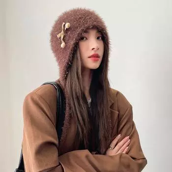 Головной убор с бантом, женская осенне-зимняя милая плюшевая вязаная шапка, симпатичная модная защитная шапка для ушей M56-58cm кофейный