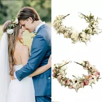 Головной убор с цветочной короной для женщин и девочек, головной убор с гирляндой из зеленых листьев, эластичный дизайн, головной убор с короной, аксессуары для волос белый