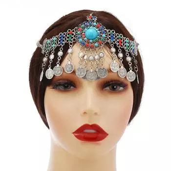 Головной убор в стиле ретро в стиле бохо, цепочка для волос с бахромой из монет и цветными бусинами для этнического меньшинства золотой
