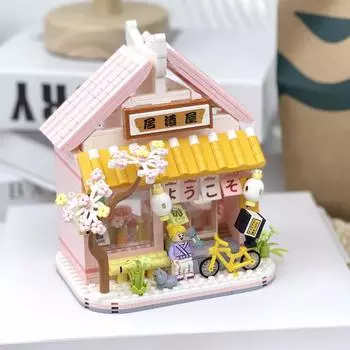 Головоломка Строительный блок Мини Street View Девочка Цветущая вишня Дерево Дом Изакая Собранная игрушка Подарок для девочки