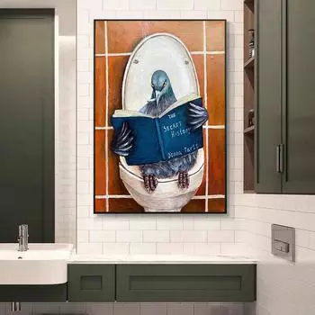 Голубь Птица Чтение Книги Ванная Комната Холст Картина Плакат Забавный Юмористический Домашнее Животное Настенная Художественная Картина Туалет Декор Без Рамки 21x30cm No Framed