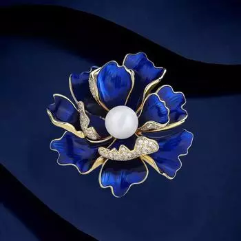 Голубая эмалевая брошь в виде пиона, женская брошь высокого качества, инкрустированная бриллиантами, изысканная булавка, универсальные аксессуары для костюма Electroplated real gold синий