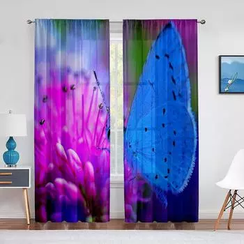 Голубая бабочка, фиолетовые цветочные мечтательные тюлевые шторы для гостиной, прозрачная вуаль, занавеска для спальни, декор для кухонных окон 1 PCS W100XH250cm&Rod Pocket