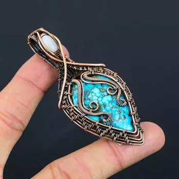 Голубая бирюза, лунный камень, драгоценный камень, чистая медная проволока, обернутая дизайнерской подвеской ручной работы, ювелирный подарок для нее 3.23 Inches синий