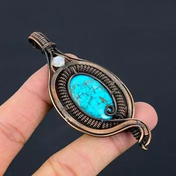 Голубая бирюза, лунный камень, драгоценный камень, чистая медная проволока, обернутая дизайнерской подвеской ручной работы, ювелирные изделия для подарка 3.35 Inches синий