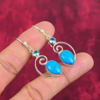 Голубая бирюза, серьги с голубым топазом, ювелирные изделия из чистого серебра 925 пробы с драгоценными камнями, серьги ручной работы, на День благодарения 1.97 Inches синий