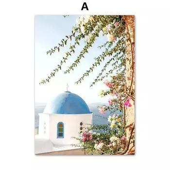 Голубая дверь океана, ветряная мельница, Эгейский пейзаж, настенная живопись на холсте, плакат Санторини и принты, настенные панно для декора гостиной 21*30cm