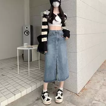 Голубая джинсовая юбка-миди в стиле ретро, женская мода Y2k, повседневная свободная прямая длинная юбка, джинсы, винтажная уличная одежда трапециевидной формы, женская одежда S светло-синий