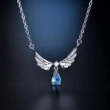 Голубая капля воды крылья ангела циркон ожерелье женский нишевый дизайн высокий смысл свет роскошные крылья ключица цепь Ins ветер