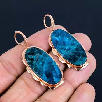 Голубая неоновая серьга ручной работы из драгоценного камня апатита медная великолепная для свадебного подарка 2.05 Inches синий