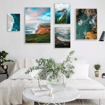 Голубая океанская волна, наскальная живопись, пейзажная живопись, постер, художественная стена, домашний декор, зеленый остров, голубое небо, белое облако, пляж, морской пейзаж 21cm30cm NoFrame