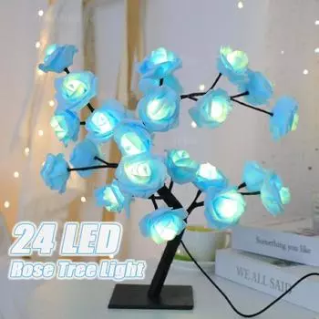 Голубая роза, цветок, дерево, гирлянда, 24 светодиода, USB-зарядка, настольная лампа, сказочный ночник, домашняя вечеринка, рождество, свадьба, спальня, украшение, подарок