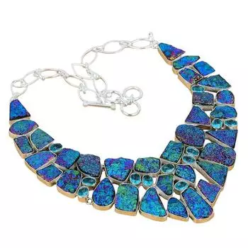 Голубая титановая друза, голубые топазы, серебряное ожерелье ручной работы 925 пробы, серебряное ожерелье с натуральными титановыми друзами и штампованными драгоценными камнями 925 пробы 18 синий