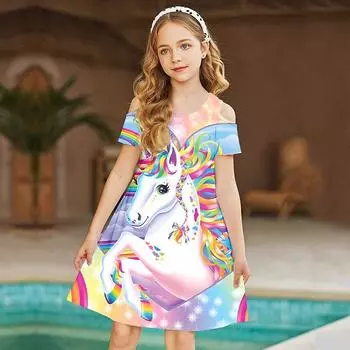 Голубое белое платье с конским принтом для девочек, детское праздничное платье с открытыми плечами для девочек, платье принцессы, платье с короткими рукавами для детей старше четырех лет 80 светло-синий