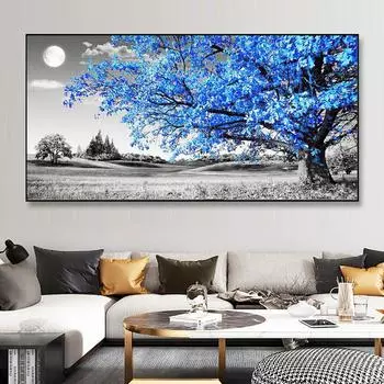 Голубое дерево, современный черно-белый художественный пейзаж, холст, картина, настенные панно, постеры и принты, домашний декор для гостиной, без рамки 20*40cm