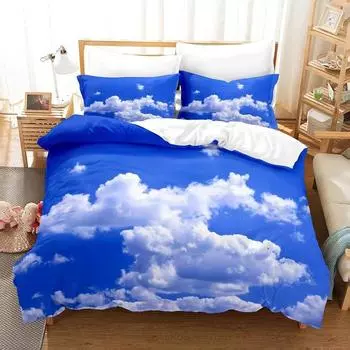 Литературный и художественный маленький свежий 3-х предметный постельный комплект «Голубое небо и белые облака» домашний универсальный для четырех сезонов простыня 3 предмета приятный для кожи 150x200cm