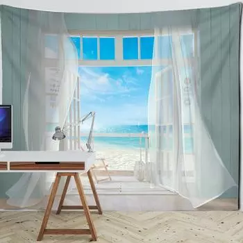 Голубое небо, прерия, лес, окно, гобелен с принтом, украшение, гобелен с мандалой, украшение для дома, большой хиппи, пейзаж, настенный гобелен 100x75cm