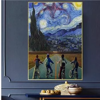 Голубое звездное небо, группа мальчиков, катаются на велосипедах, холст, живопись, постеры, принты, настенные художественные картинки для гостиной, Настенный декор, Cuadro 21*30cm