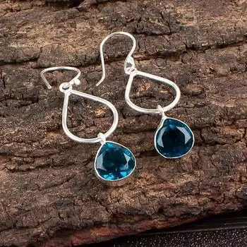 Голубой Апатит Драгоценный камень 925 Стерлинговое серебро Ювелирные изделия Ручная работа Серьги-крючки 1,90 EE-19-12