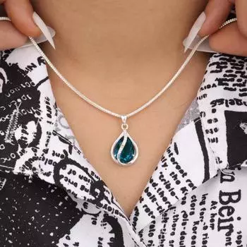 Голубой Апатит Драгоценный камень Циркон Подвеска 925 Стерлинговое серебро Ювелирные изделия Женское ожерелье CZP-7-2