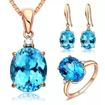 Голубой австрийский кристалл топаз бриллианты драгоценные камни подвеска серьги кольца для женщин 18k розовое золото заполнены комплекты ювелирных изделий для вечеринок подарки resizable&45cm