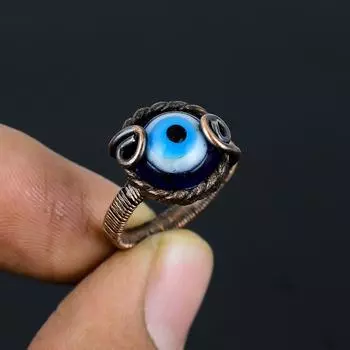 Голубой дурной глаз драгоценный камень медная проволока обернутый ювелирное кольцо ручной работы подарок для нее 4 синий