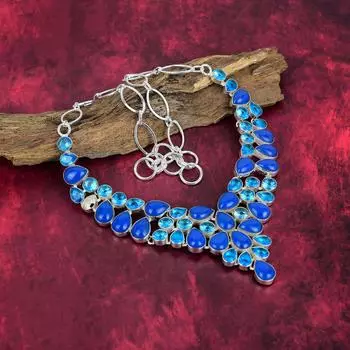 Голубой халцедон, голубой топаз, ожерелье из цельного серебра 925 пробы с регулируемой цепочкой, ожерелье ручной работы с драгоценными камнями на День памяти Adjustable With 18 Inches синий