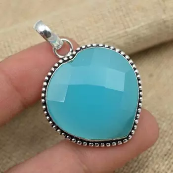 Голубой халцедоновый драгоценный камень стерлингового серебра 925 пробы ручной работы кулон ювелирные изделия для женщин 1.88 Inches синий
