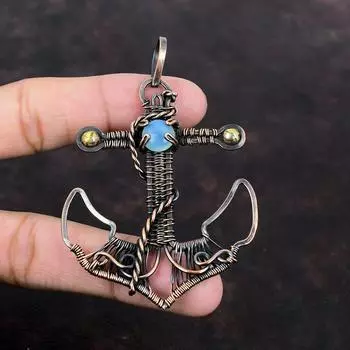 Голубой халцедоновый кулон, обернутый медной проволокой, кулон ручной работы, медное ювелирное украшение, кулон в виде якоря, кулон из настоящего драгоценного камня, подарок на годовщину