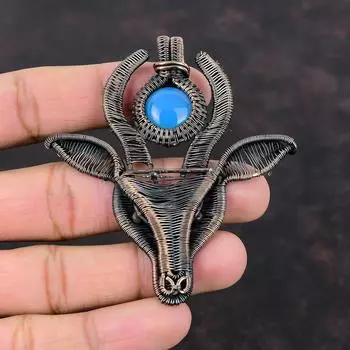 Голубой халцедоновый кулон, обернутый медной проволокой, ручная работа, медные украшения, изящный кулон в виде коровьей морды, кулон из настоящего драгоценного камня, подарок для матери