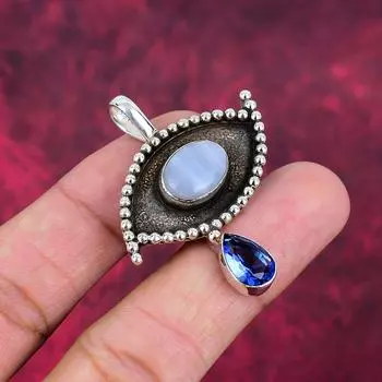 Голубой кружевной агат, танзанит, кулон ручной работы из драгоценного камня, 925 пробы, кулон, антикварное ювелирное изделие, кулон для подарка на помолвку 1.96 Inches синий