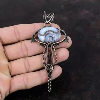 Голубой кружевной агатовый кулон, медная проволочная обертка, ювелирное изделие, натуральный драгоценный камень, проволочная обертка, кулон ручной работы в стиле бохо, медный кулон для подарка