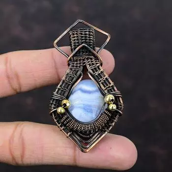 Голубой кружевной агатовый кулон, обернутый медной проволокой, ювелирное изделие ручной работы, драгоценный камень, ювелирное изделие последнего дизайна, обернутое медной проволокой, кулон в подарок для нее