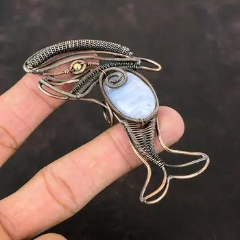 Голубой кружевной агатовый кулон, обернутый медной проволокой, кулон в форме рыбы, старинные медные украшения, кулон ручной работы, настоящие драгоценные камни, подарок жене