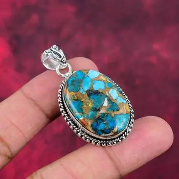 Голубой медный бирюзовый кулон ручной работы с драгоценными камнями, 925 пробы серебряный кулон, старинные ювелирные изделия, для подарка на помолвку 1.96 Inches синий