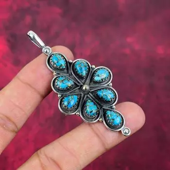 Голубой медный бирюзовый кулон ручной работы с драгоценными камнями, 925 пробы серебряный кулон, старинные ювелирные изделия, для подарка на помолвку 3.03 Inches синий