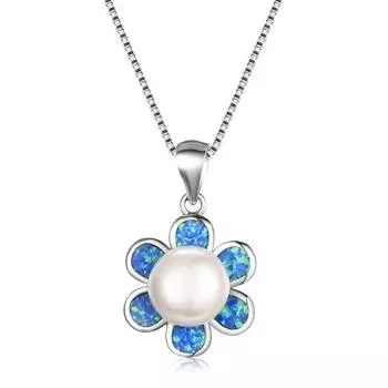 Голубой огненный опал цветок кулон белый жемчуг ожерелья для женщин свадебные украшения винтажная мода 925 серебро коробка цепь ожерелье подарок 45cm синий