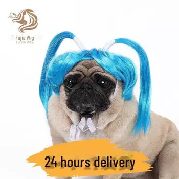 Голубой парик для питомцев: Двойной хвостик на Хэллоуин для кошек и собак Ponytail синий