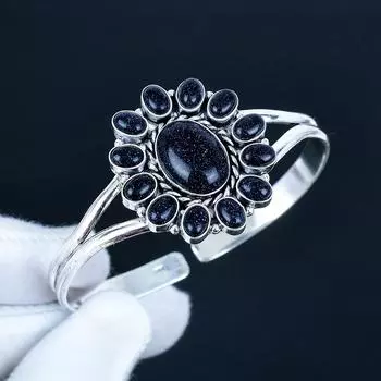 Голубой Солнечный Камень Драгоценный Камень Манжета-Браслет Ручной Работы Серебро 925 пробы Манжета-Браслет, Браслет в форме цветка из голубого солнечного камня для жены, Унисекс браслет, Подарок 7 синий