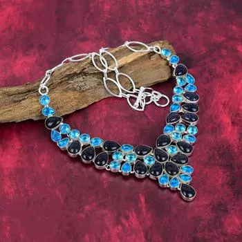 Голубой солнечный камень, голубой топаз, ожерелье из цельного серебра 925 пробы с регулируемой цепочкой, ювелирное ожерелье ручной работы с драгоценными камнями на День памяти Adjustable With 18 Inches синий